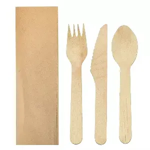 Set 3/1 garfo, faca, colher 'wood' makan  16 cm natural madeira (100 unidade)