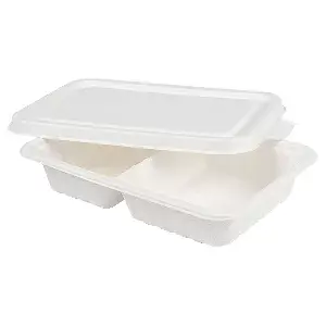 Vassoi 2 scomparti + coperchio 'bionic' 800 ml 23,3x14,6x6 cm bianco bagassa (400 unità)