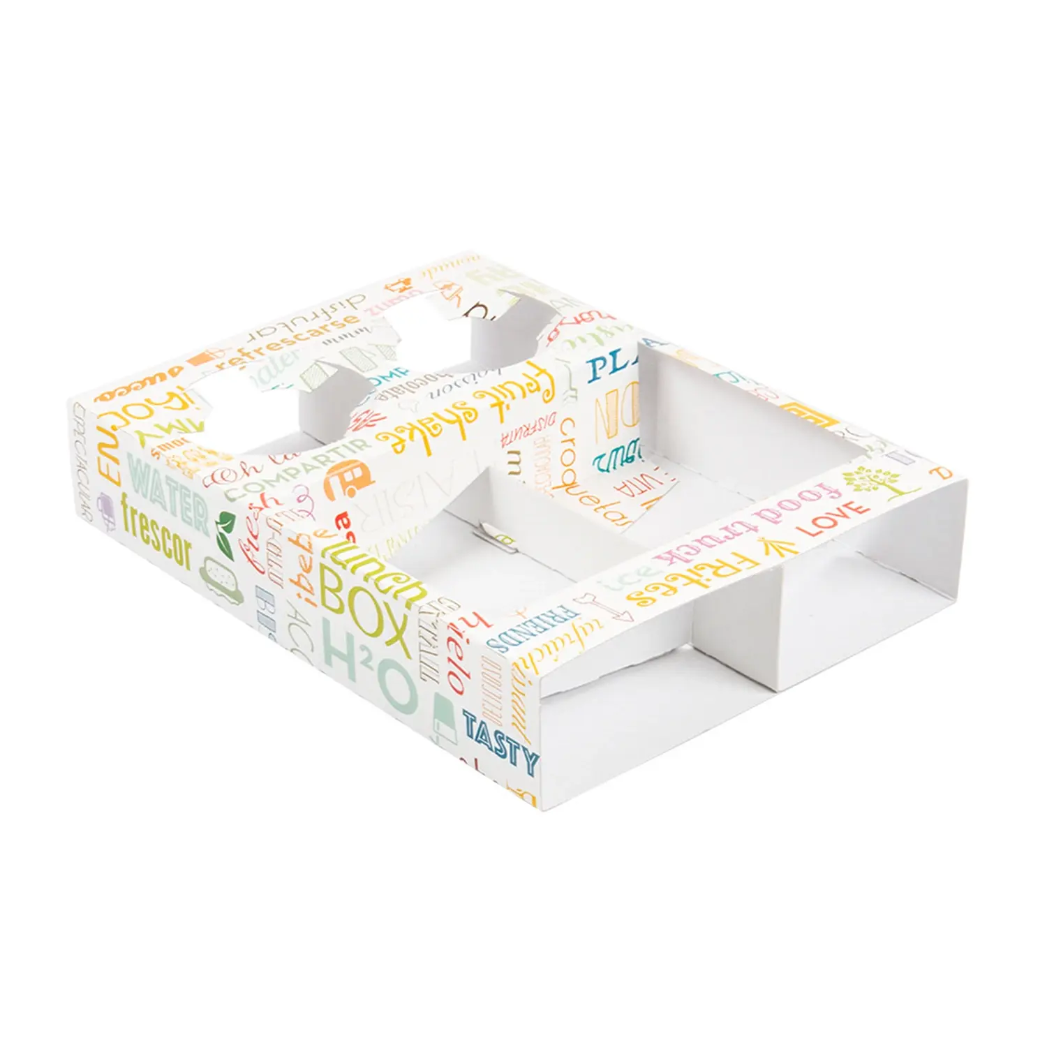 Bandejas transporte 2 vasos+2 compart. 'parole' 450 g/m2 26x19x5 cm blanco cartoncillo (200 unid.)