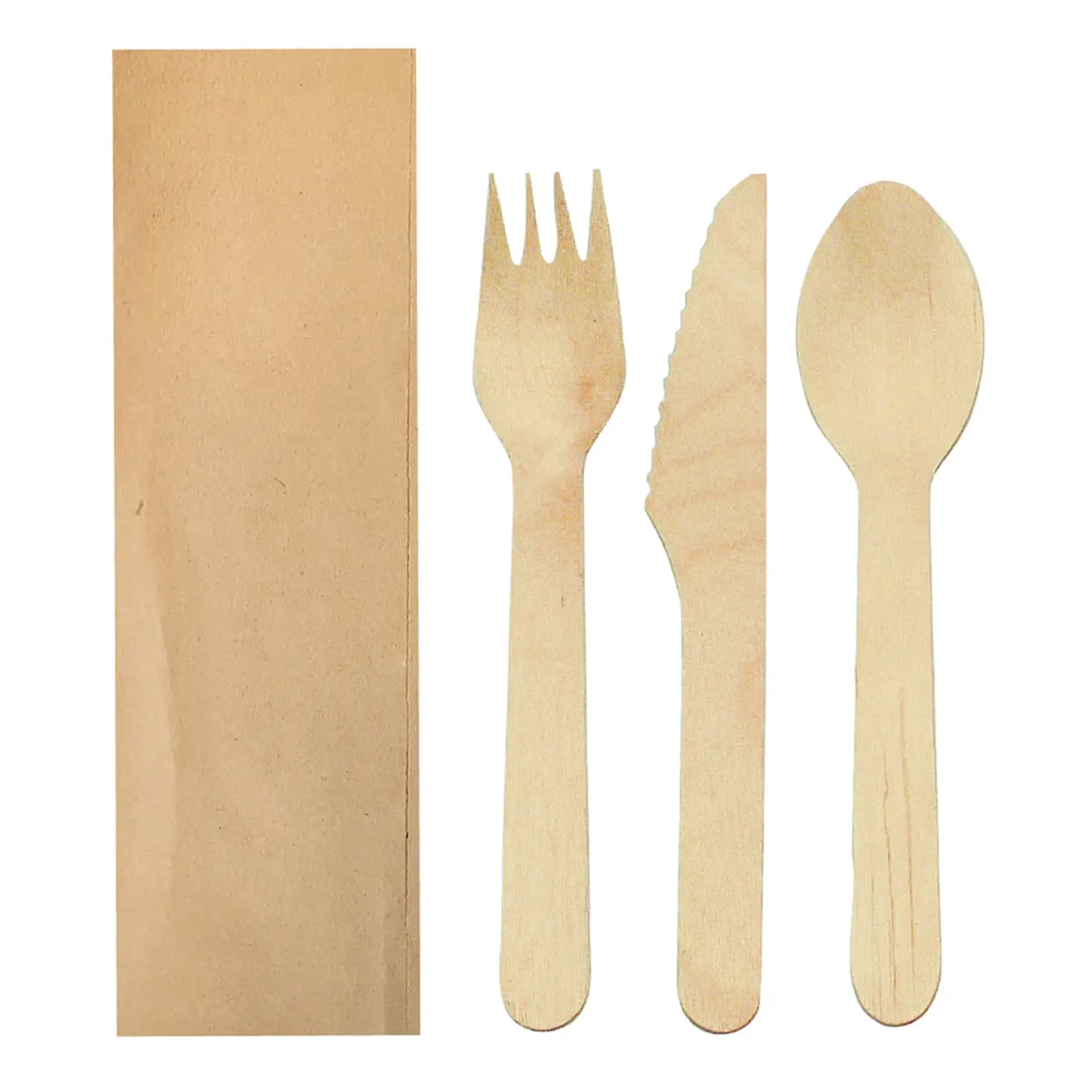 Set 3/1 tenedor, cuchillo, cuchara 'wood' makan  16 cm natural madera (100 unid.)