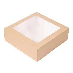 Cajas pastelería con ventana 'thepack'  23x23x7,5 cm natural cartón nano-micro + opp (200 unid.)