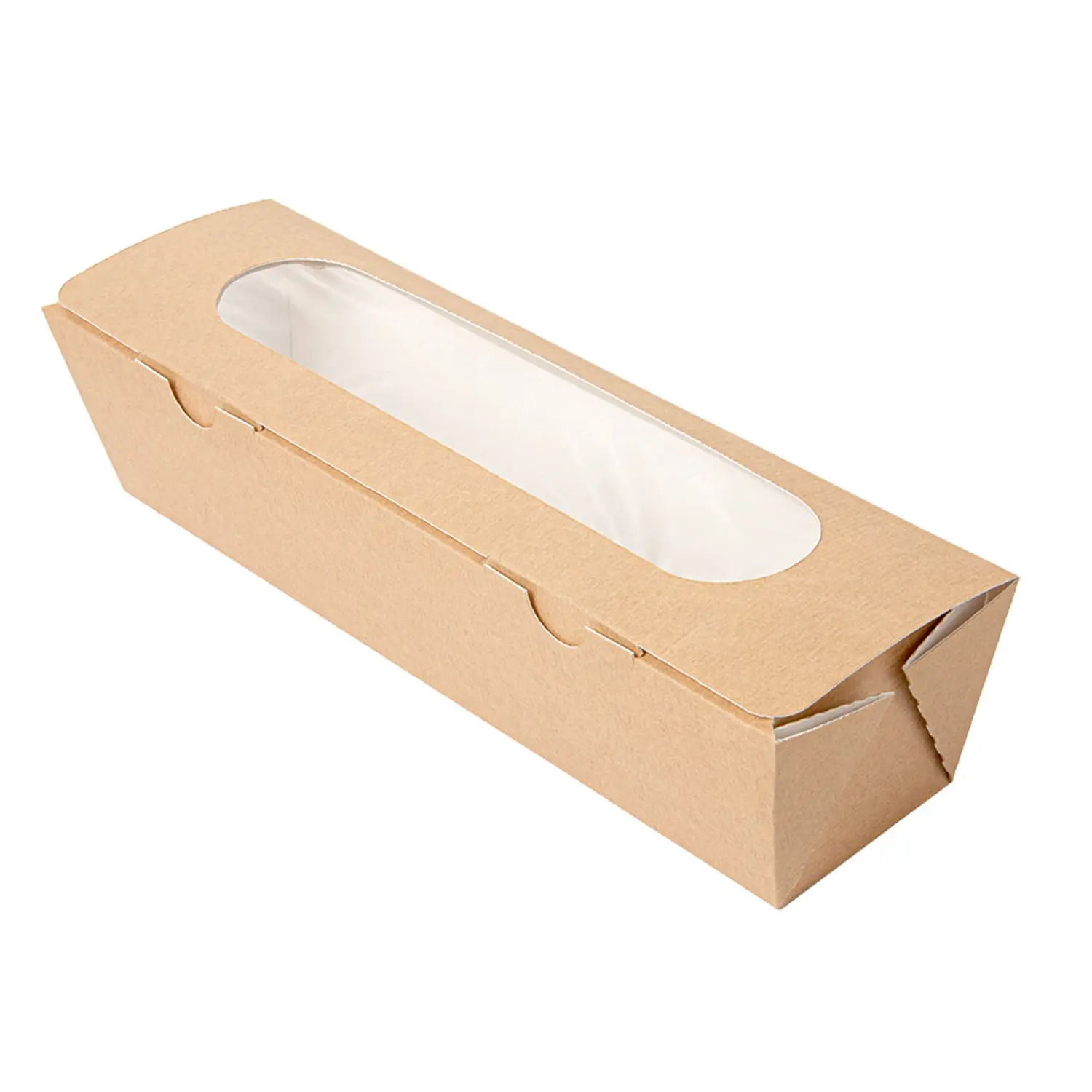 Cajas sándwiches con ventana "baguette" 'thepack'  27,5x8x6,2 cm natural cartón nano-micro + opp (200 unid.)