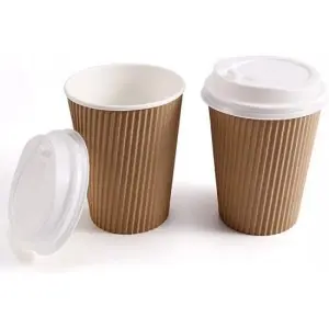 100 Gobelets en carton à cafe Ondulé LUX  8 oz avec Couvercle blanc isothermes