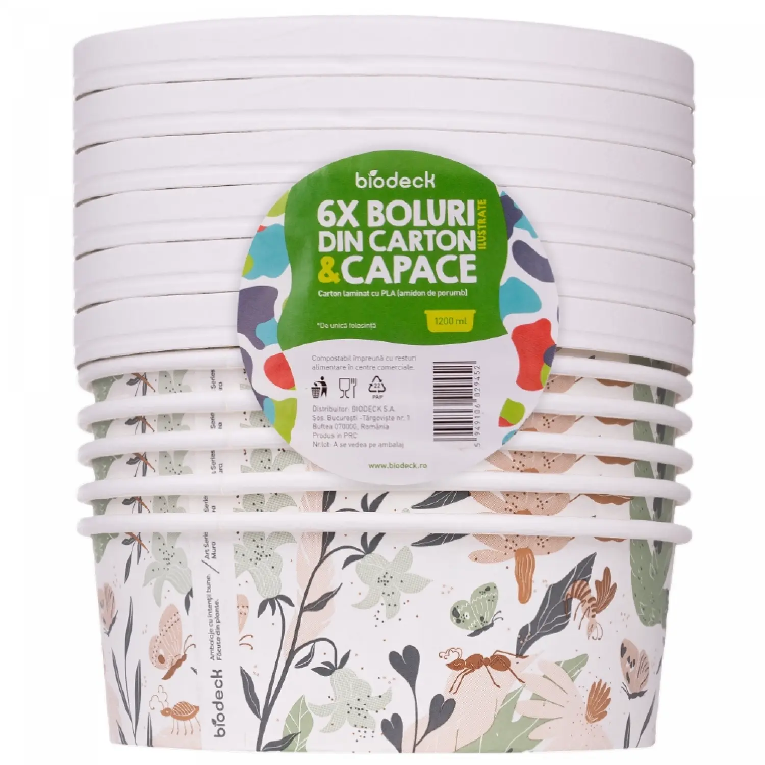 Boluri carton pla mura cu capace albe top 184 mm 1200 ml 6 buc