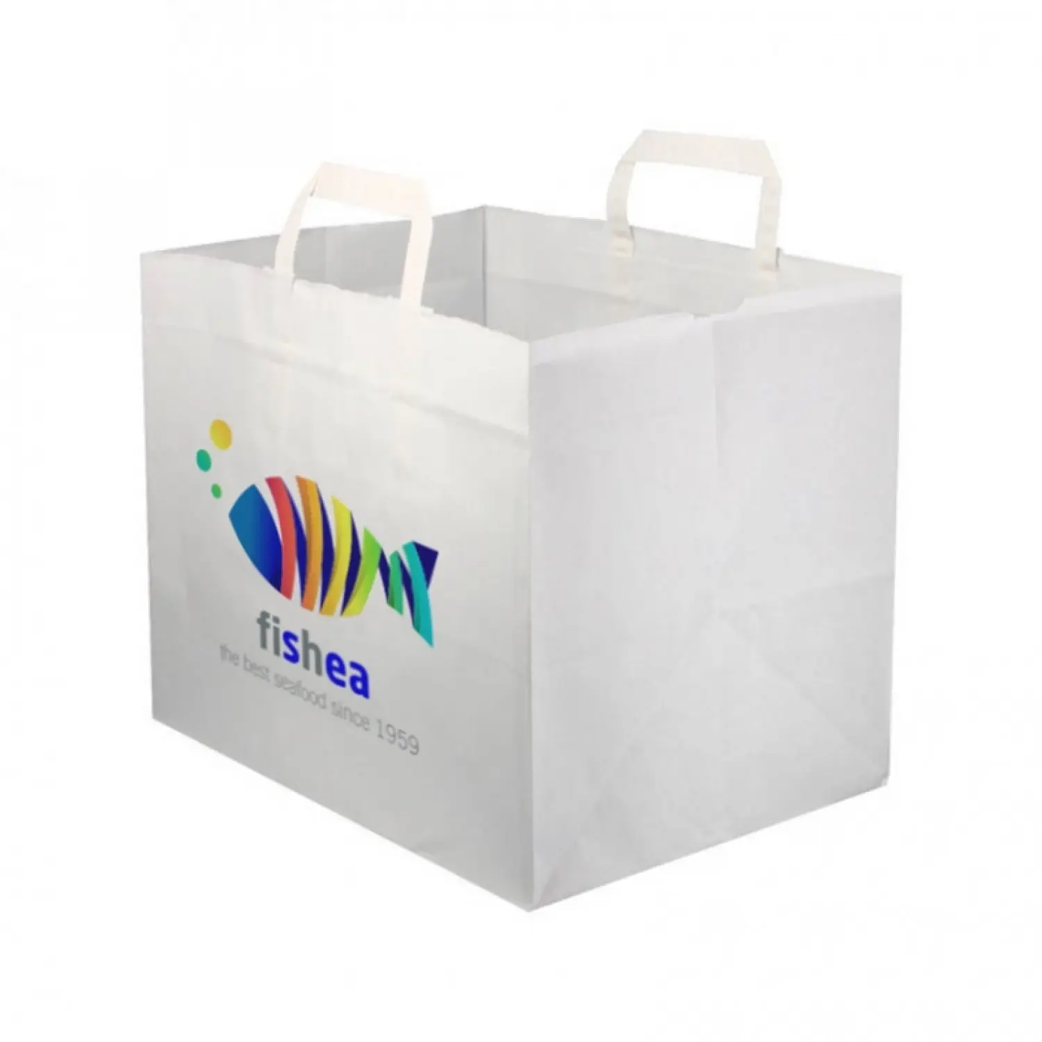 Bolsa Papel Blanca fondo ancho asa plana (32+21x25cm) Impresa 1 Cara Color.